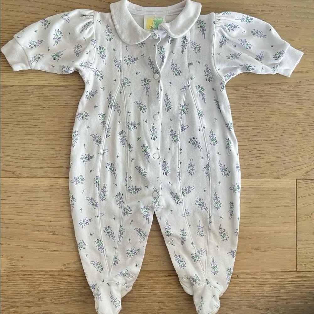 Vintage Sears Baby Floral Footed One-Piece Romper in White and Lavender